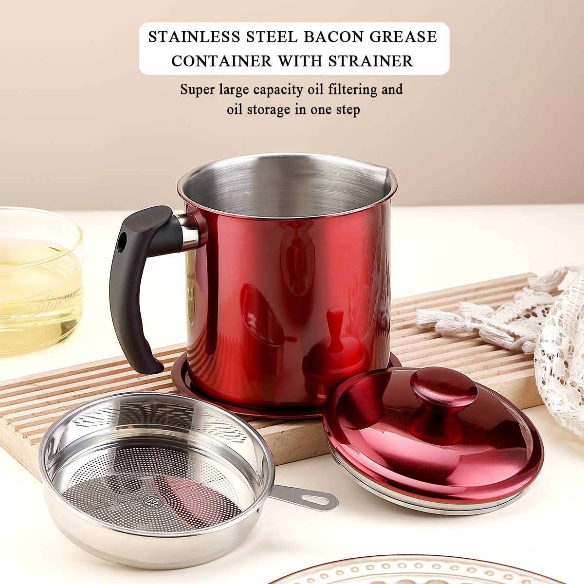 Kyraton Bacon Grease Container With Strainer  48 oz Metal Shining Red Stainless Steel Oil Container  Pot Fat Storage With Lid  Easy Grip Handle Suitable For Storing Frying Oil And Cooking Grease